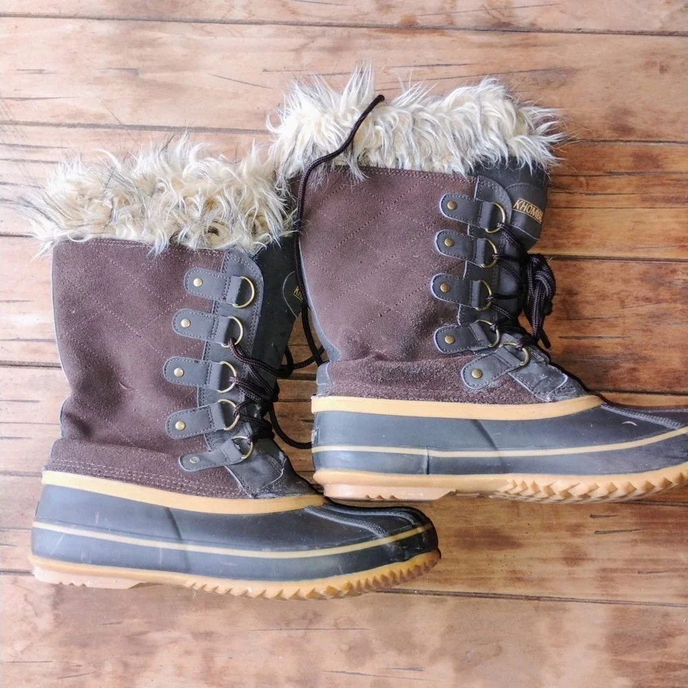 Khombu Women's Brown Duck Winter Snow Boots Faux Fur Trim Laced Size 11